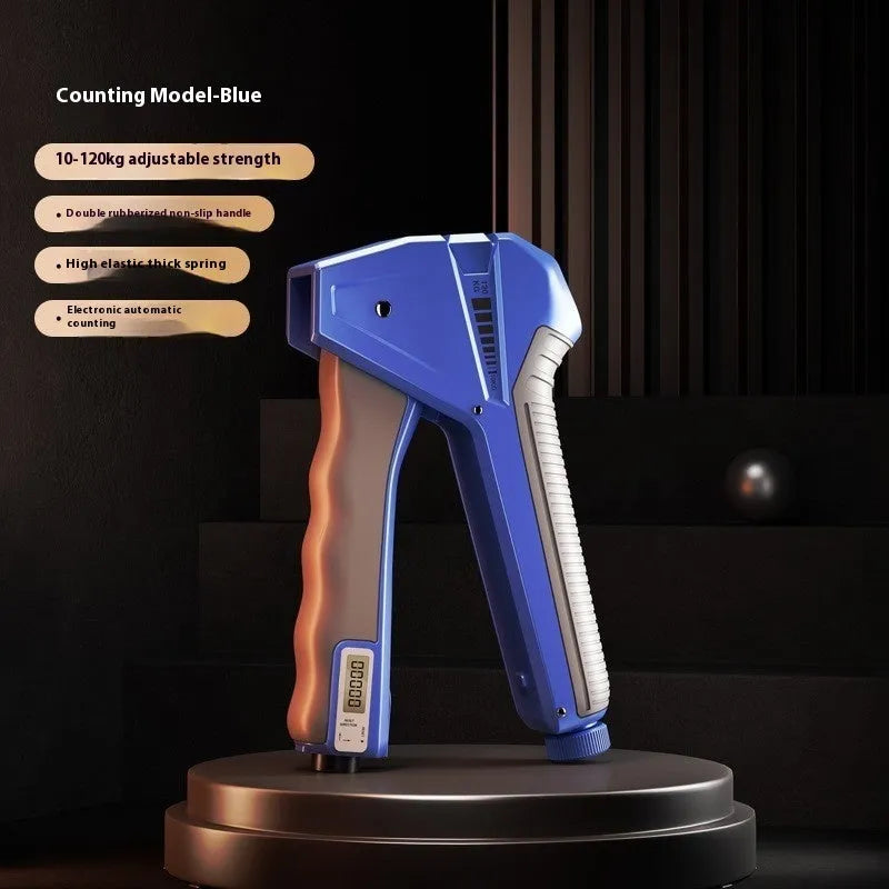Adjustable hand gripper with mechanical counter showing resistance settings from 5 to 60kg