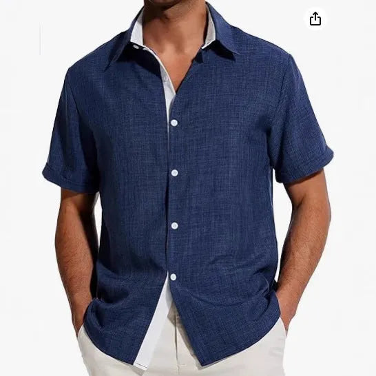Men's grey floral print short-sleeved casual shirt laid flat, showing regular fit and lightweight polyester fabric.