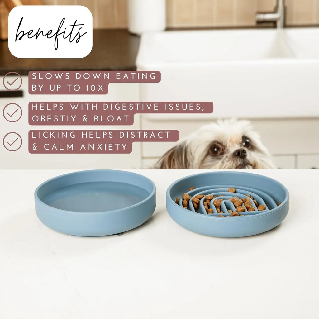 Silicone dog slow feeder bowl with textured ridges, shown in beige colour