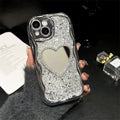 Silver grey TPU phone case with heart-shaped mirror insert and cream high flash epoxy shell for iPhone