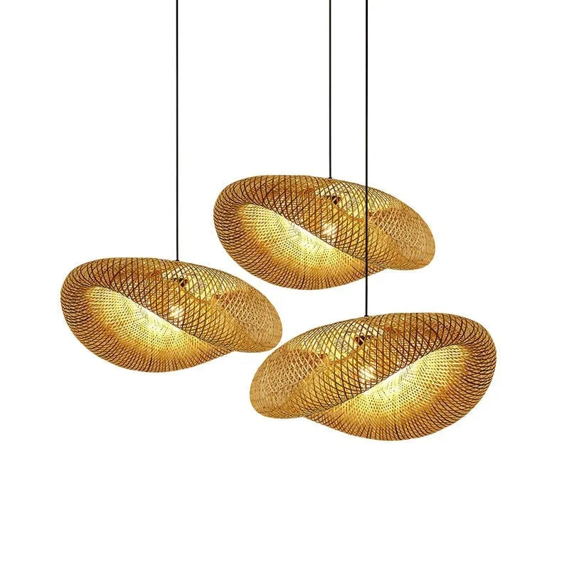 Natural bamboo straw hat shaped hanging chandelier ceiling light on white background.