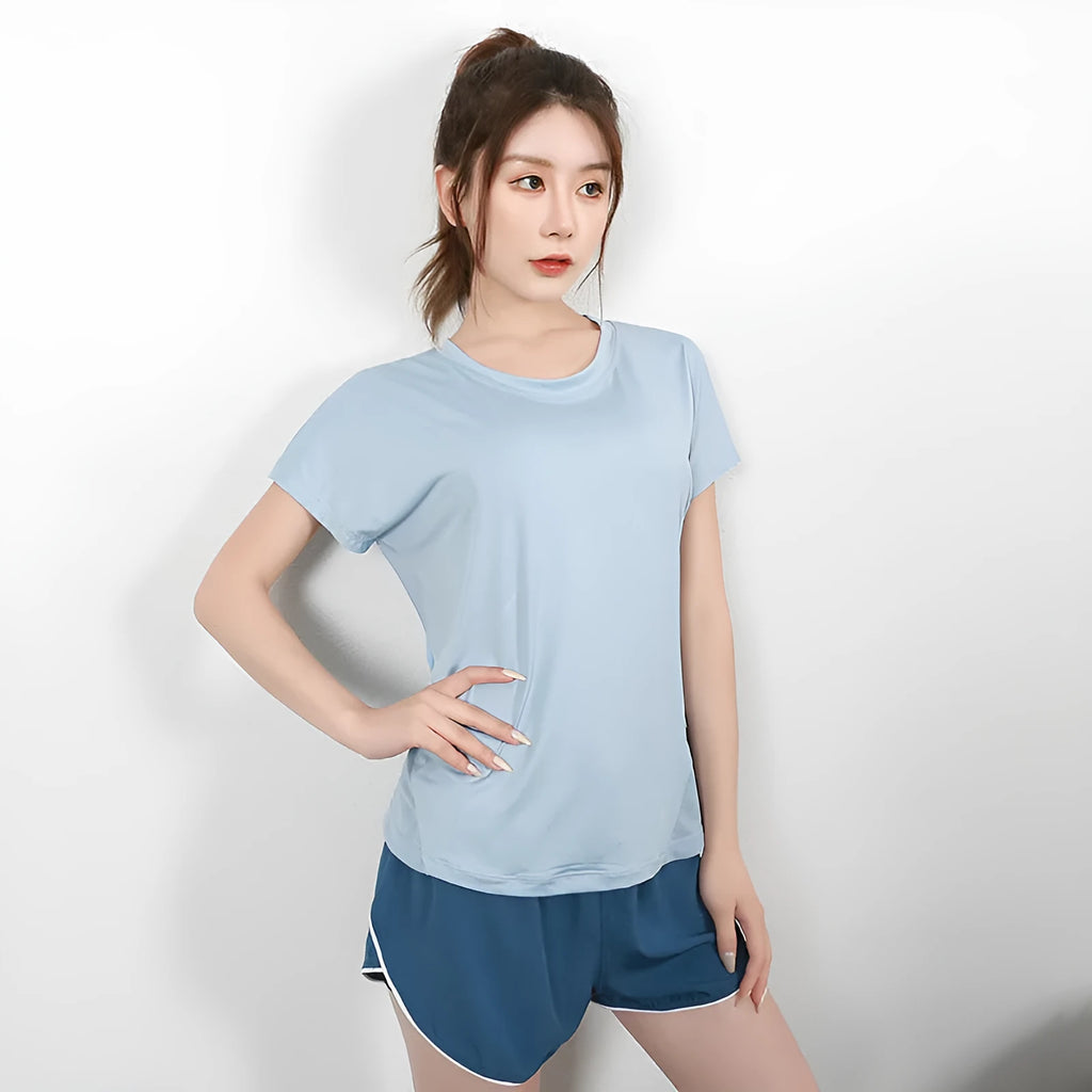 Women's short sleeve polyester sports T-shirt in black, grey-green, sky blue and pink colours