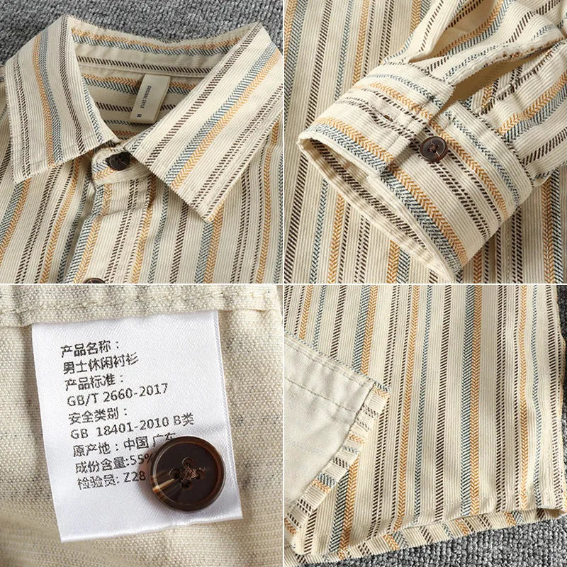 Man modelling a loose-fitting vintage striped shirt in apricot colour with long sleeves, Japanese retro style.