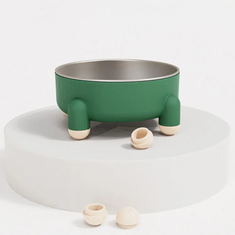 Stainless steel pet bowl with non-slip base in green, pink, and white colour options.