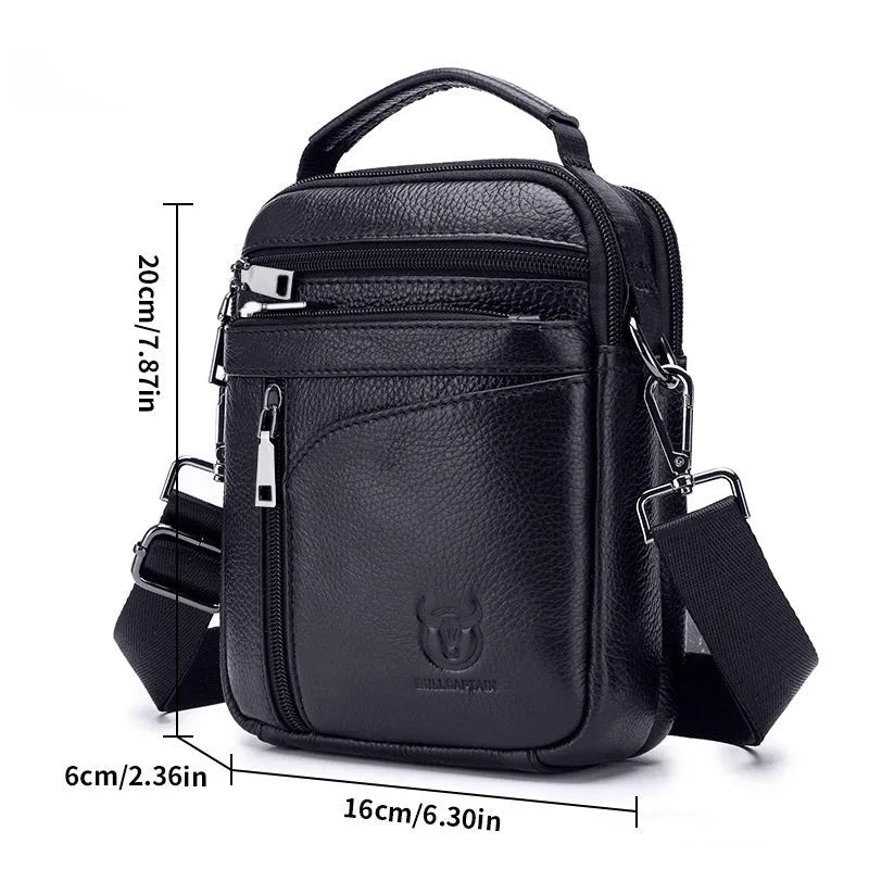 Men's black genuine leather shoulder messenger bag with retro styling and adjustable strap