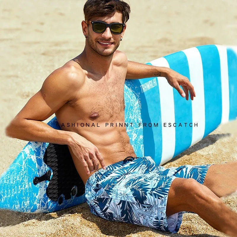 Men's quick-drying nylon swimming trunks in leaf print, sizes S to 5XL, with triangle or boxer lining