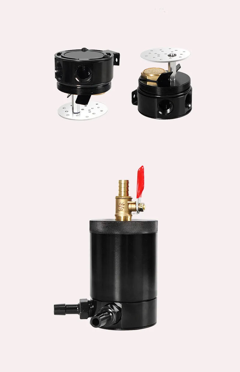 Black aluminium automotive oil pot with oil-free valve and two connector fittings