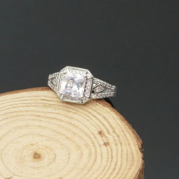 Geometric hollow zircon ring in platinum colour showing quadrilateral pattern design