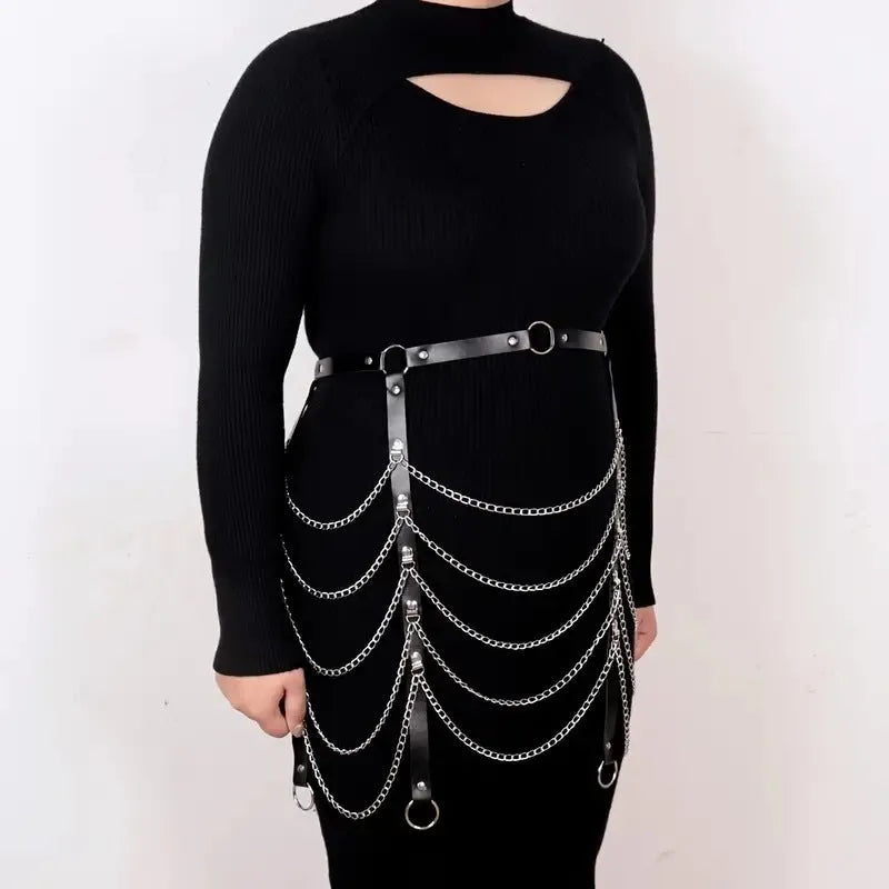 Black PU leather waist chain with bandage-style adjustable binding for women's fashion accessories