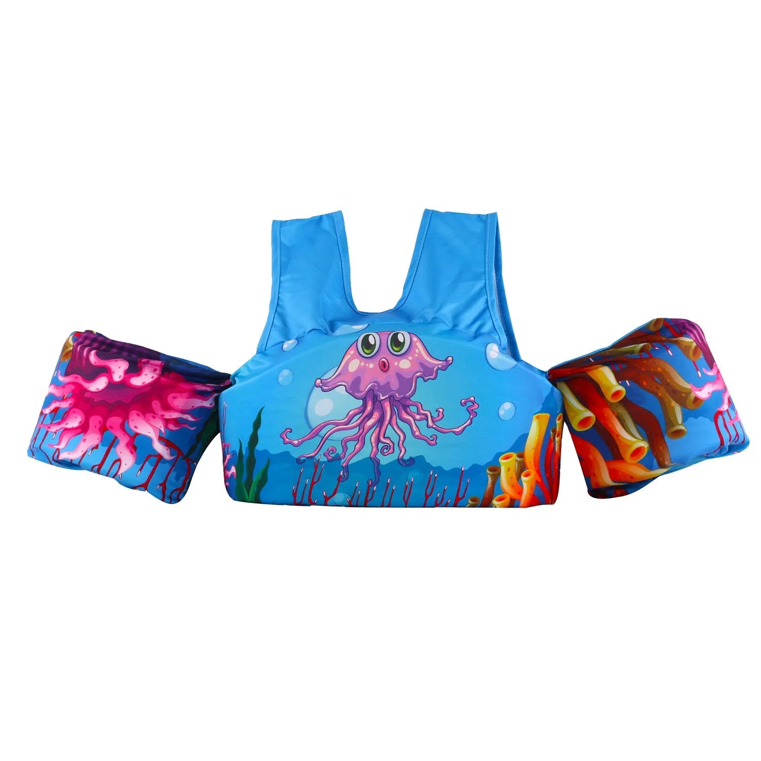 Children's polyester swimsuit with integrated lengthened arm swimming ring in cartoon pattern