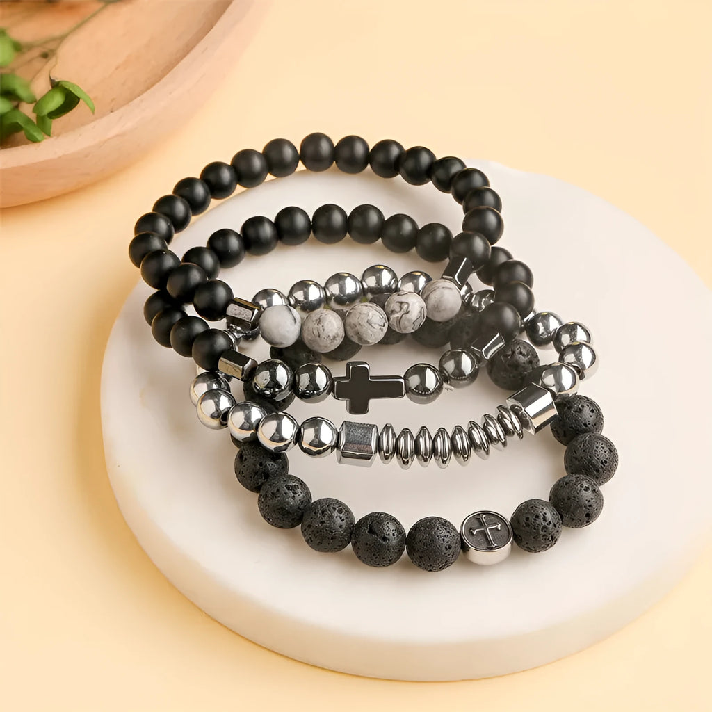 Stainless steel geometric bracelet with a large 19mm volcanic rock coloured agate stone.