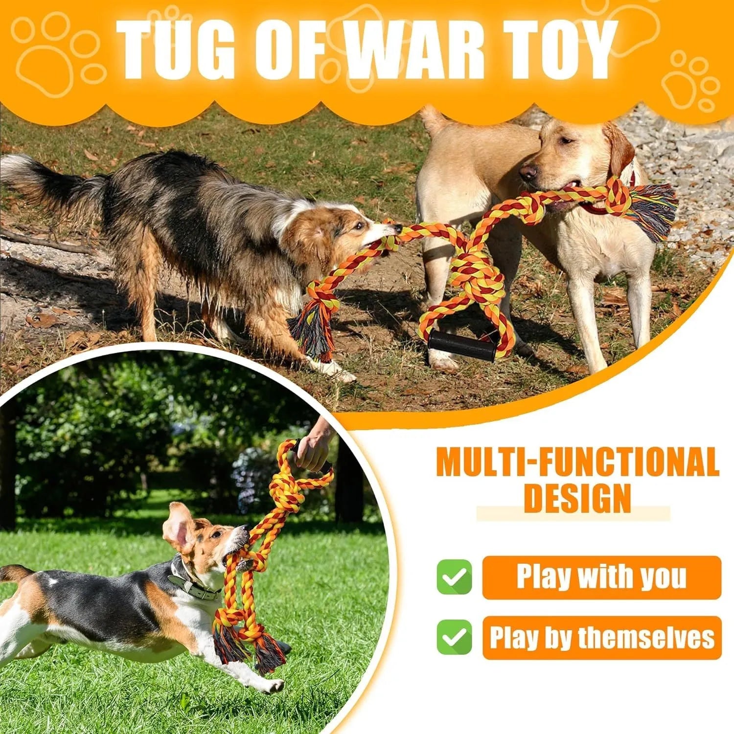 Large blue cotton dog rope toy with ergonomic handles for tug-of-war games