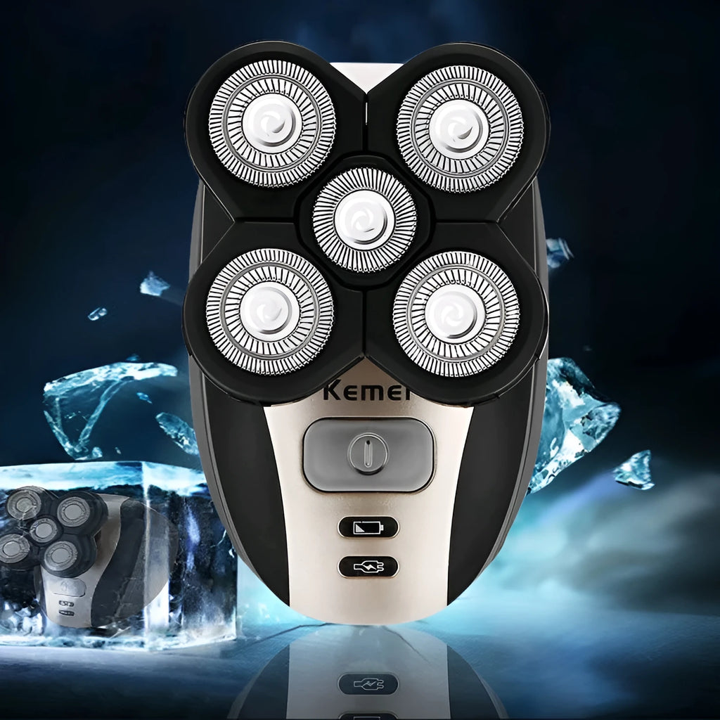 Black men's 5-in-1 rechargeable shaver with ABS body, blade and cutter head, body wash cleaning