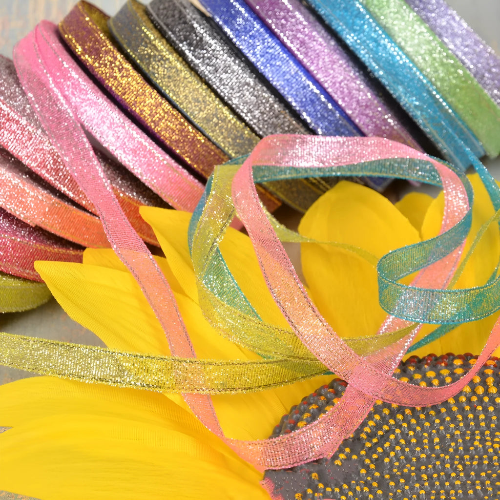 Green onion pattern polyester ribbon with gold silk silver wire effect on 25-yard spool