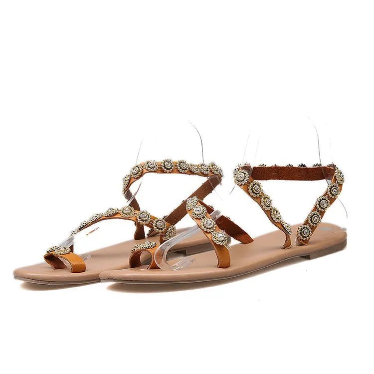Women's flat mule sandals with rhinestone and lace beading, white or brown, sizes 35-43
