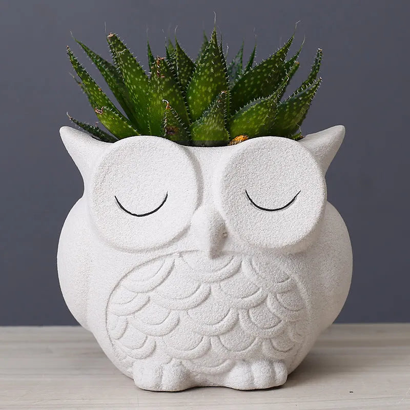 Handmade frosted ceramic flower pot with a cartoon owl design for succulents.