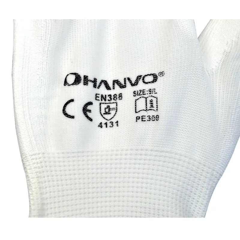 White PU-coated work gloves showing flexible fit and 24 cm length on a workbench.