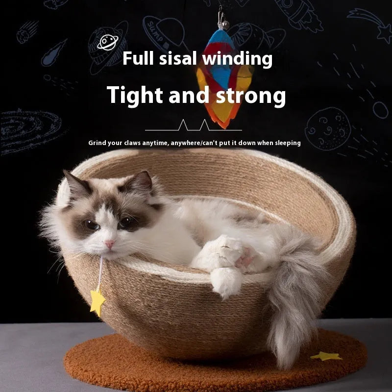 Large integrated cat scratching basin and bed with sisal rope scratching surface and flannel sleeping area