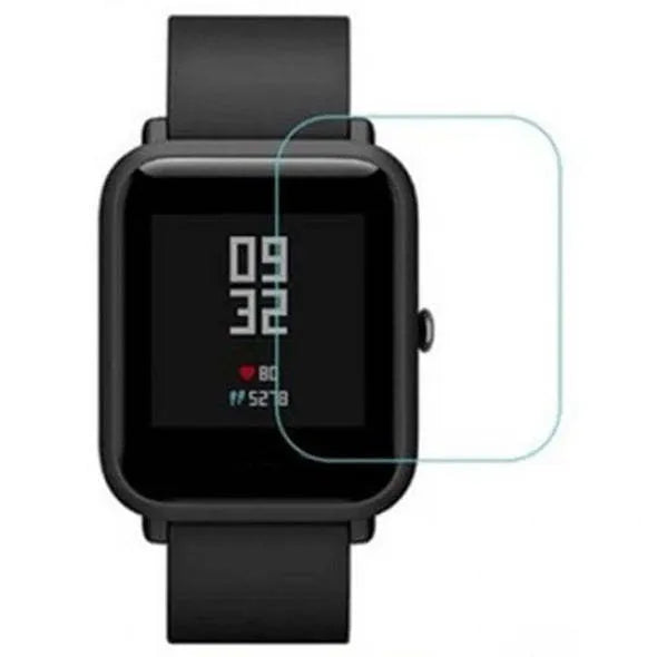 Amazfit Bip S smartwatch with clear TPU hydrogel screen protector showing anti-scratch protection