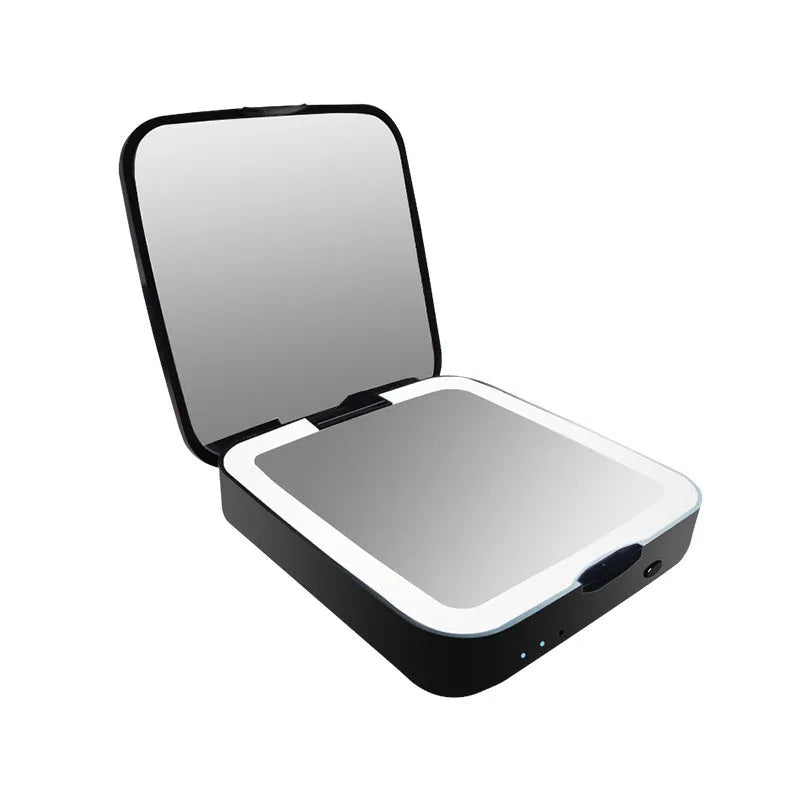 Makeup mirror with adjustable lighting showing black and white colour options with dual magnification surfaces