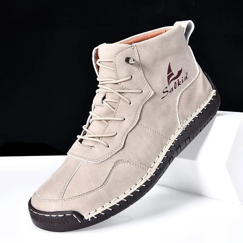 Beige high-top retro casual boots with elastic band and flat rubber sole.