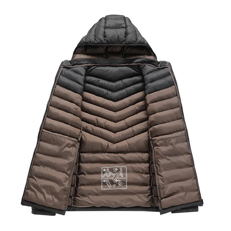 Men's black hooded lightweight down jacket with detachable collar and zipper pockets