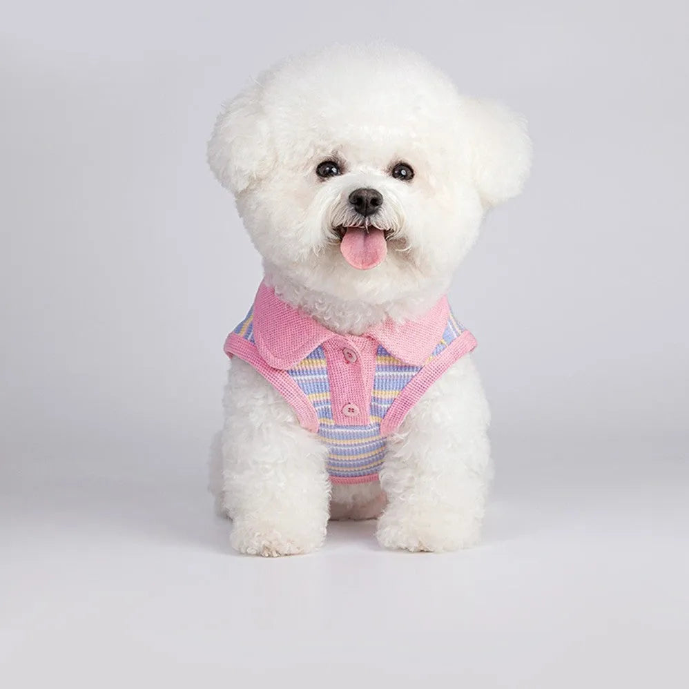 Pink purple fleece-lined autumn vest for a small dog or cat on a mannequin.