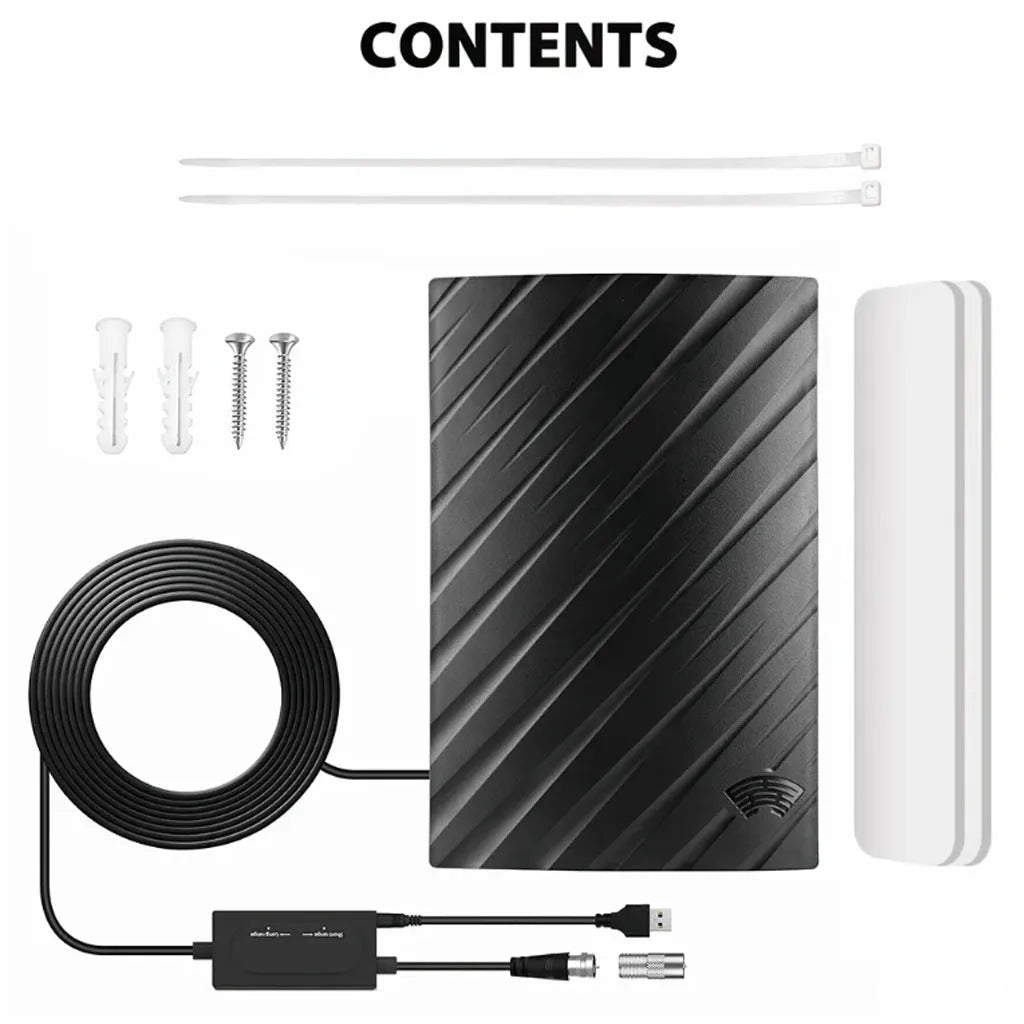 Black plastic indoor digital television antenna with mounting screws and adhesive tape