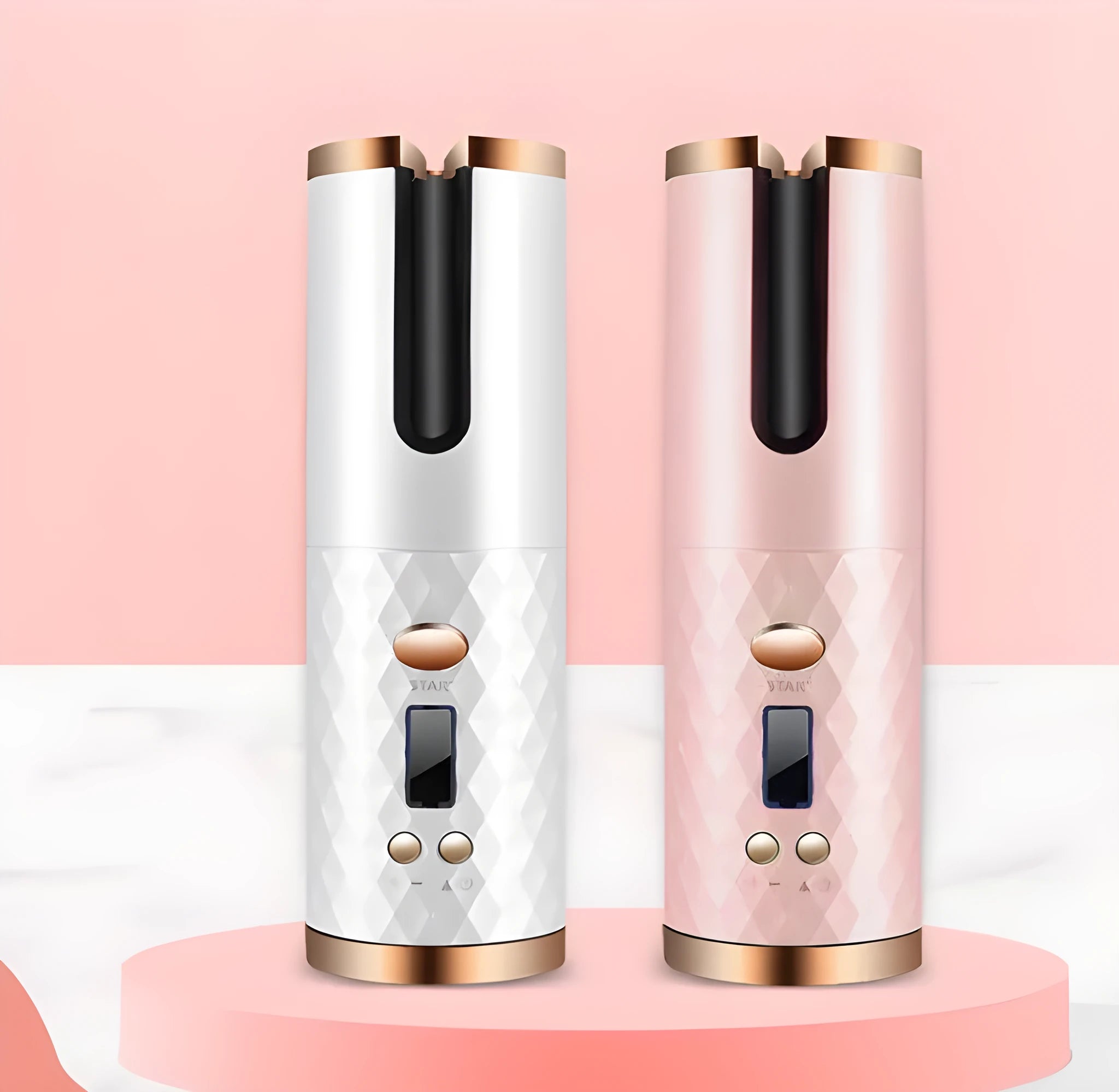 White portable mini curling iron with USB charging cable and gold ceramic barrel.