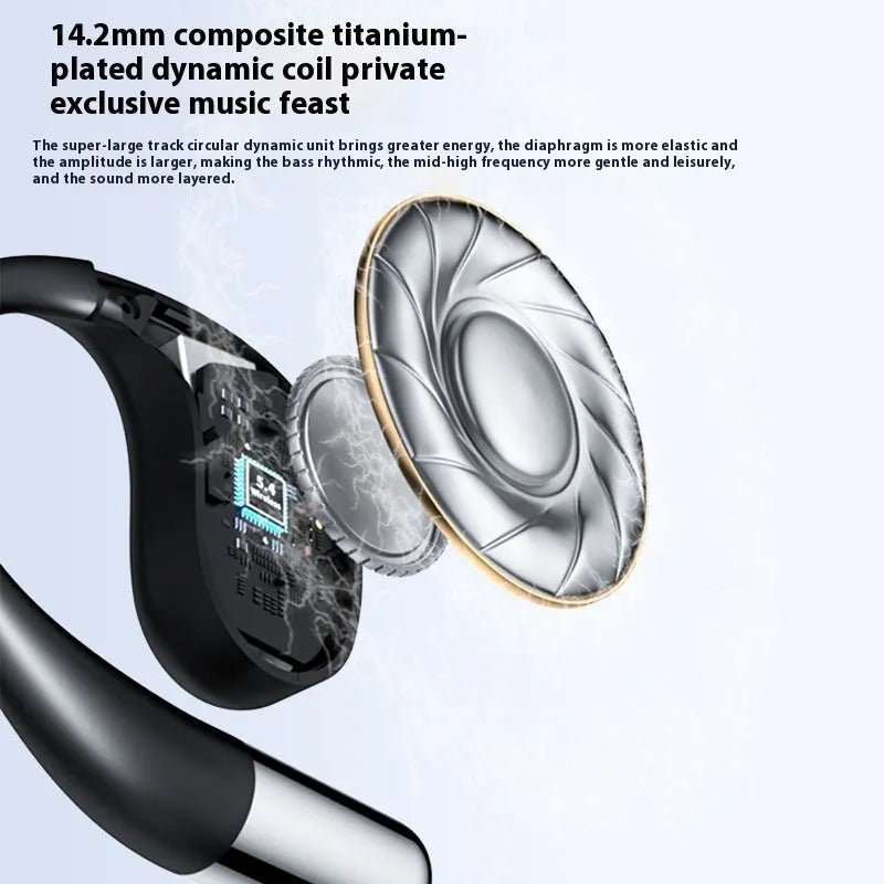 Black sports Bluetooth earphones with ear-mounted design showing digital display screen