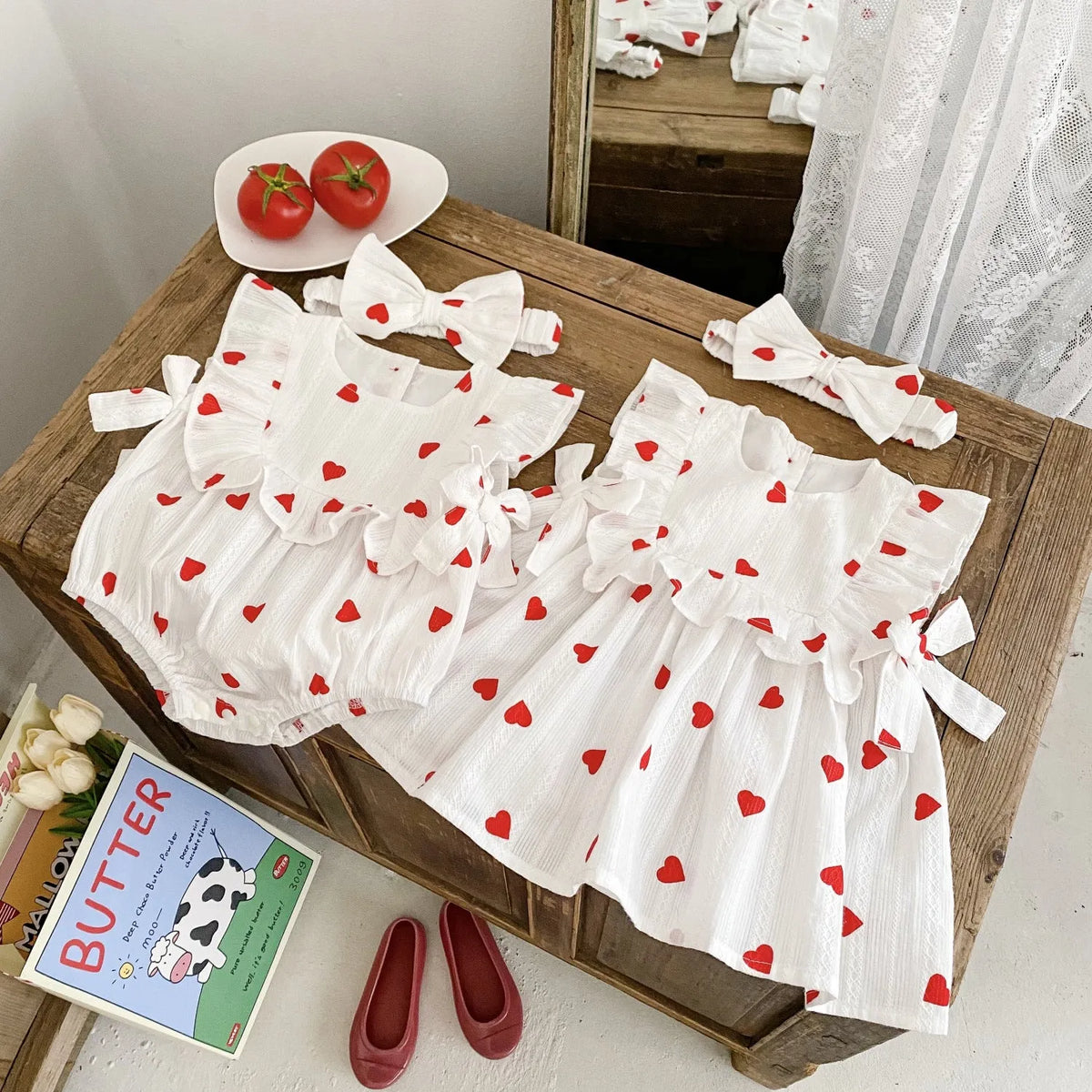 Cotton baby girl romper in Love print, pullover onesie with short climb style, sizes 66cm to 100cm