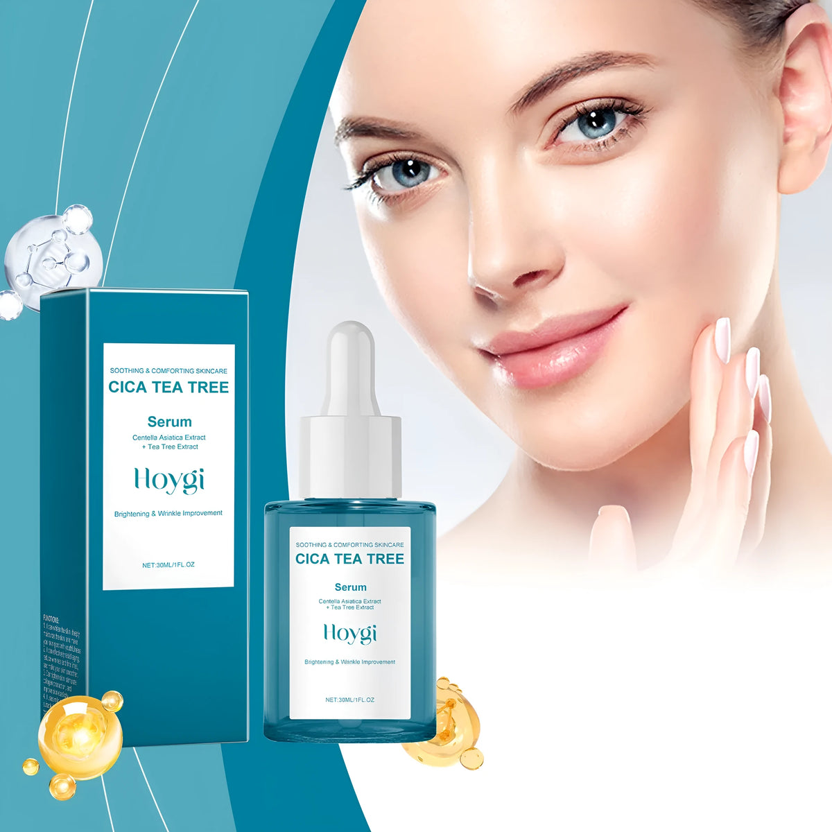 Blue glass bottle containing 30ml Centella Asiatica firming care solution serum for facial hydration