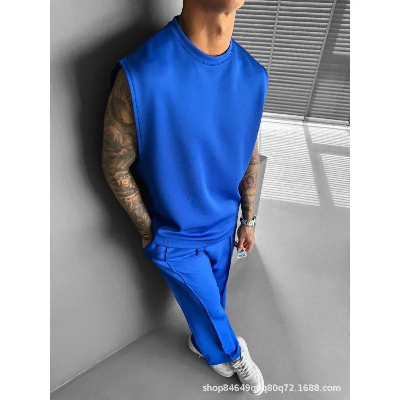 Men's polyester trousers and vest suit set in eight colours, sizes S to XXL, simple summer style