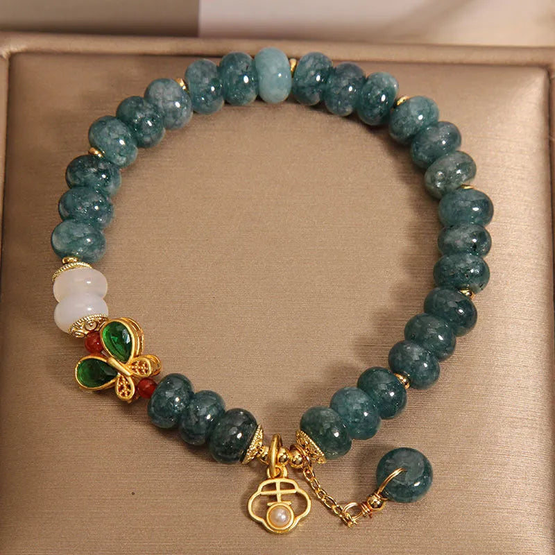 Blue water jade beads crystal bracelet with alloy inlay and abacus design elements