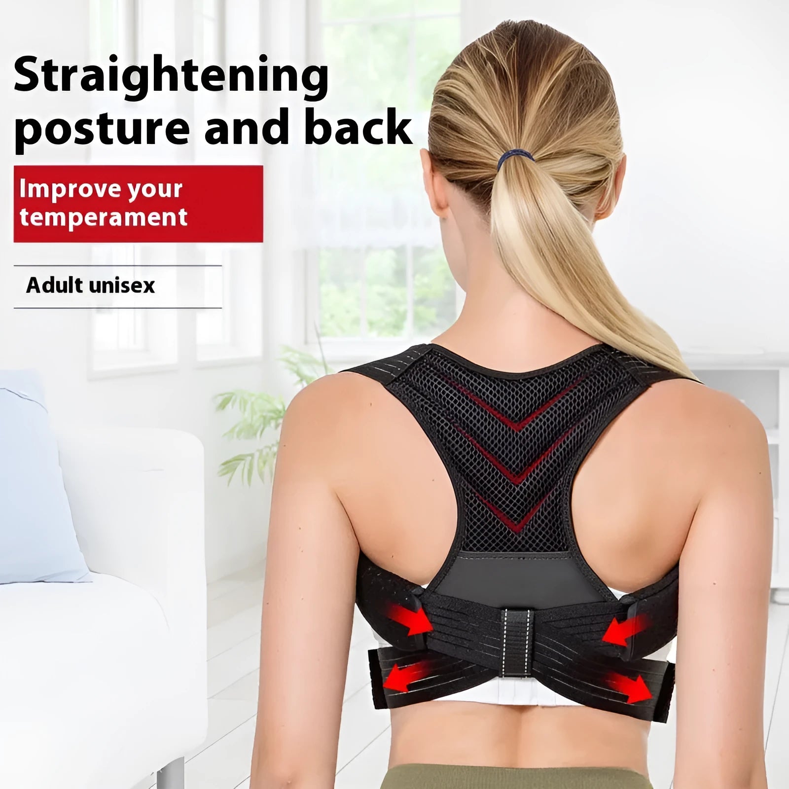 Black anti-humpback posture correction belt for back support during sports and fitness activities