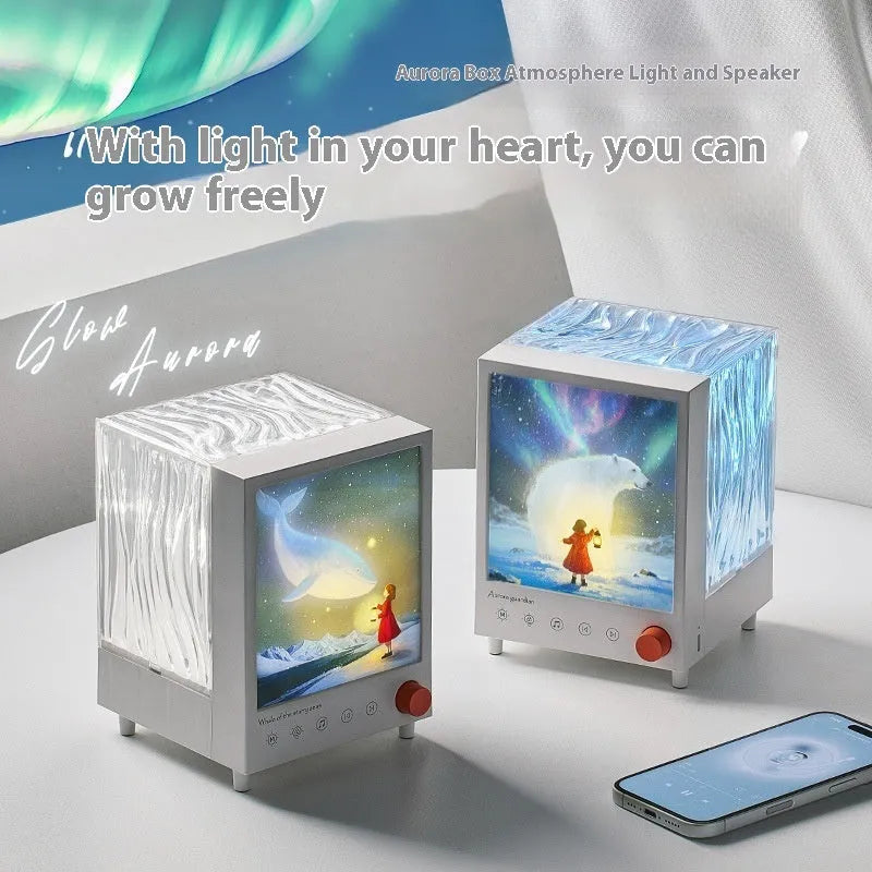 Aurora Treasure Box atmosphere projection lamp with Bluetooth speaker showing Star Sea Whale light theme