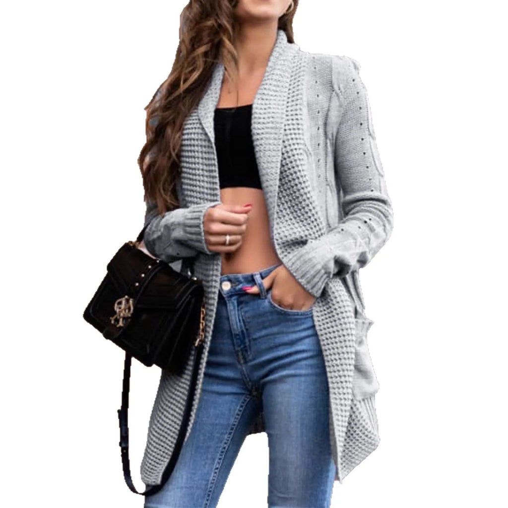 Grey women's loose-fit cardigan coat with pockets, made from thick viscose knit fabric.