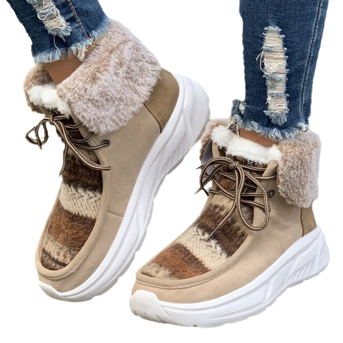 Women's beige lace-up snow boots with thermal lining and non-slip rubber soles