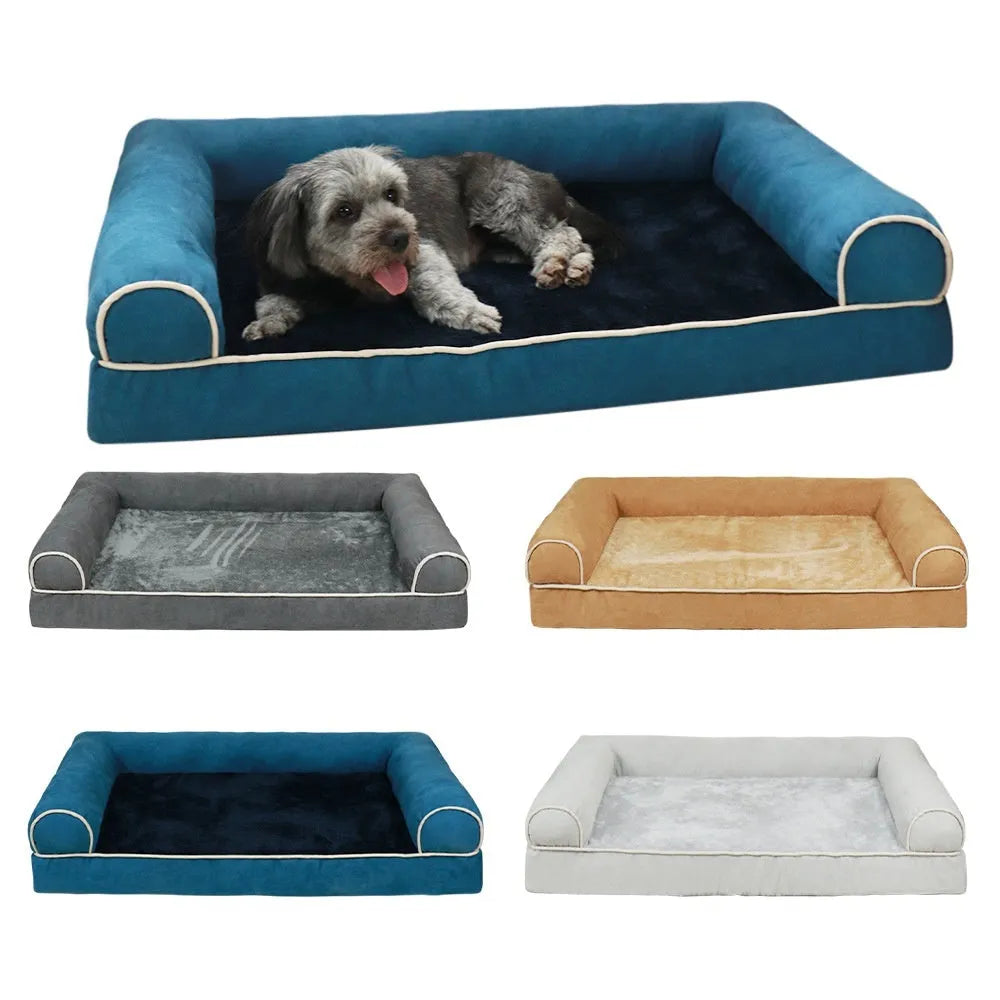 Blue sponge square dog bed for large breeds on a wooden floor