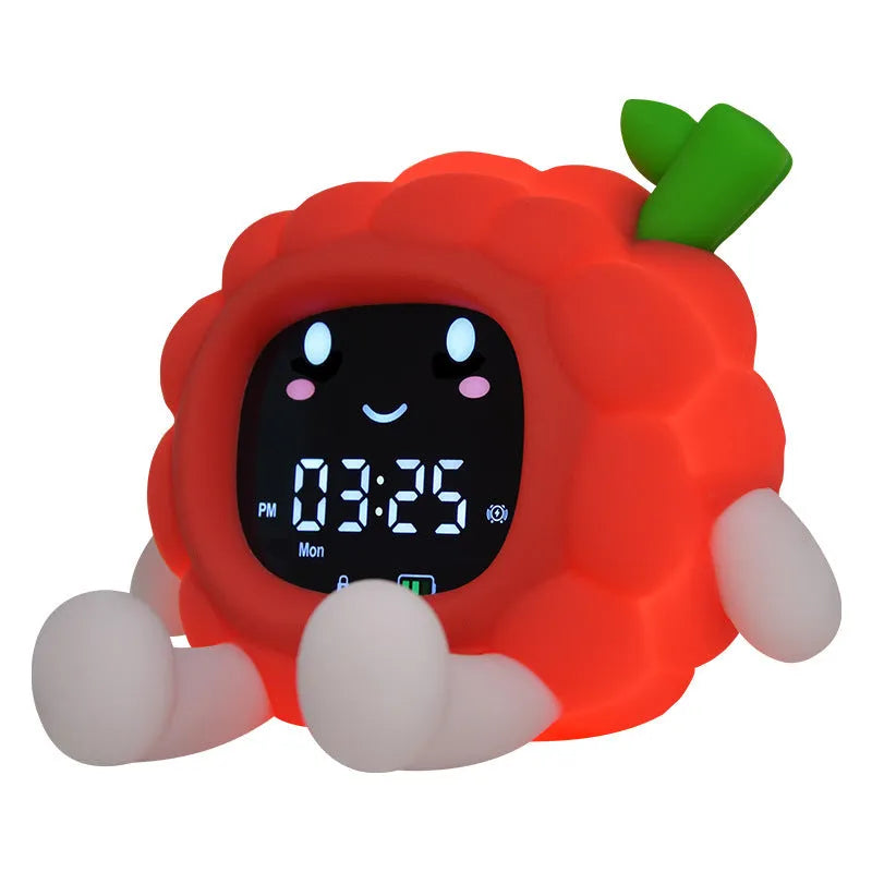 Cartoon lychee alarm clock with white noise and phone holder in silicone shell, over 15mm thick, litchi colour