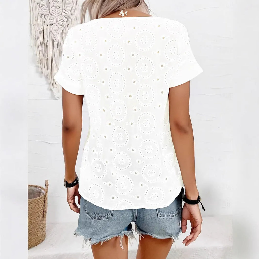 White V-neck t-shirt with hollow out design and short sleeves in loose fit