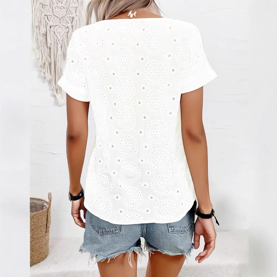 White V-neck t-shirt with hollow out design and short sleeves in loose fit
