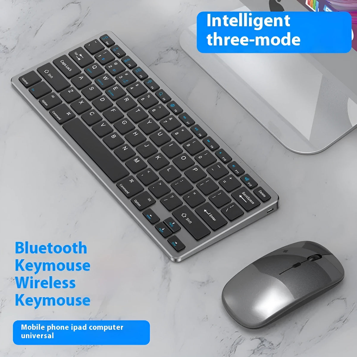 Ultra-thin wireless keyboard and mouse combo in black, gun metal, or silver with USB receiver and keyboard cover