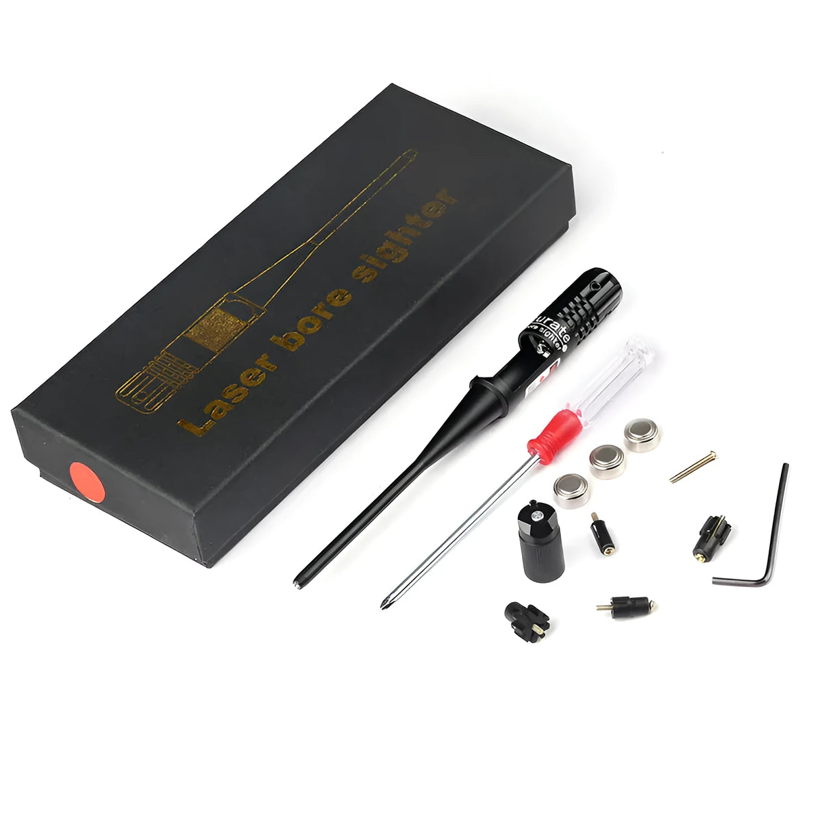 Black matte aluminium laser calibration device with 650nm wavelength on work surface