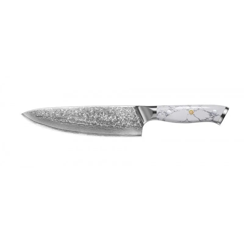 Damascus pattern chef knife with VG10 steel blade, 21cm cutting edge, modern handle design