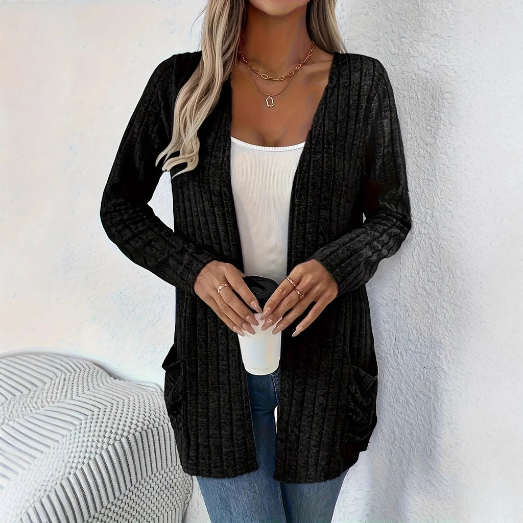 Plus size loose fit cardigan with long sleeves and pockets in black or granny grey colour