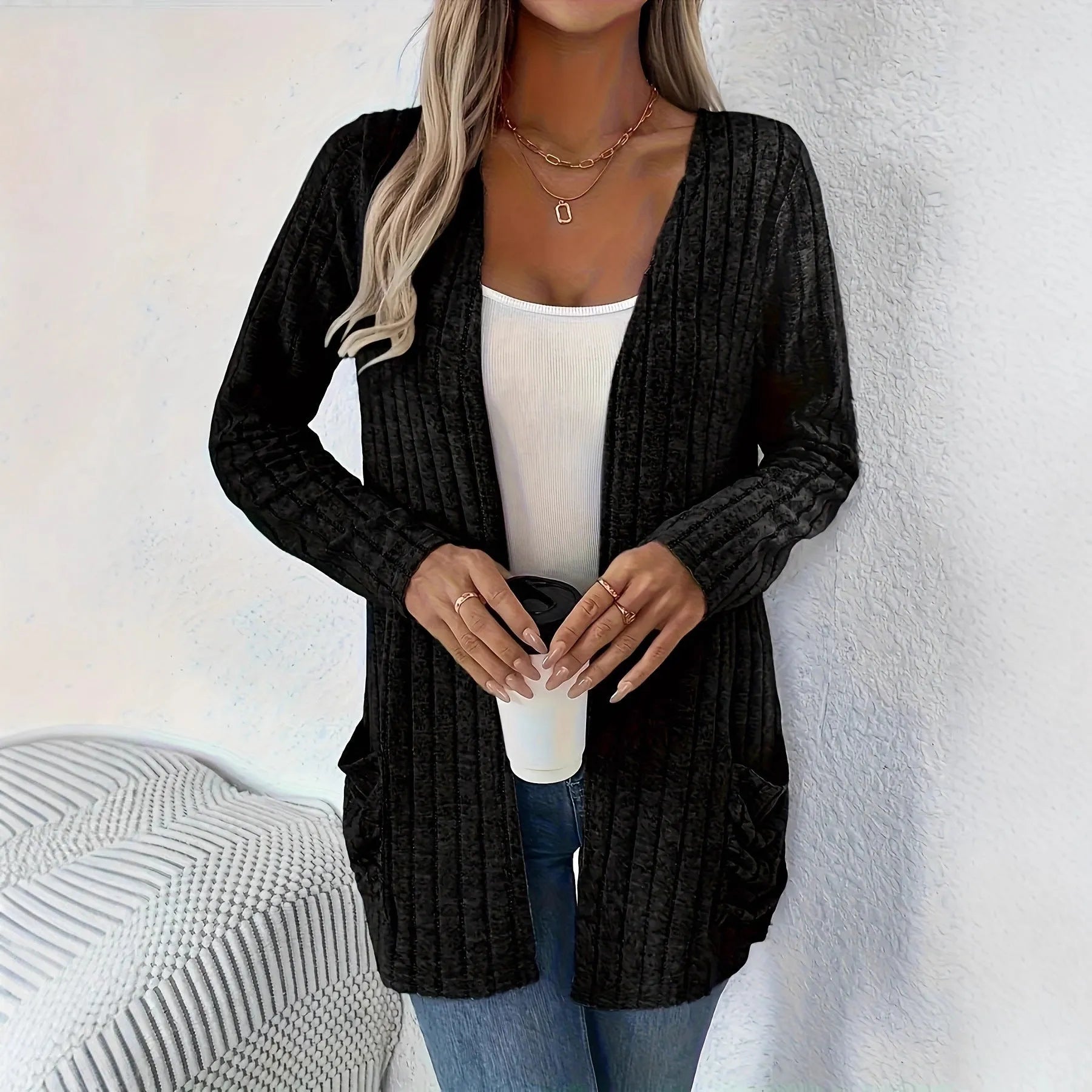 Plus size loose fit cardigan with long sleeves and pockets in black or granny grey colour