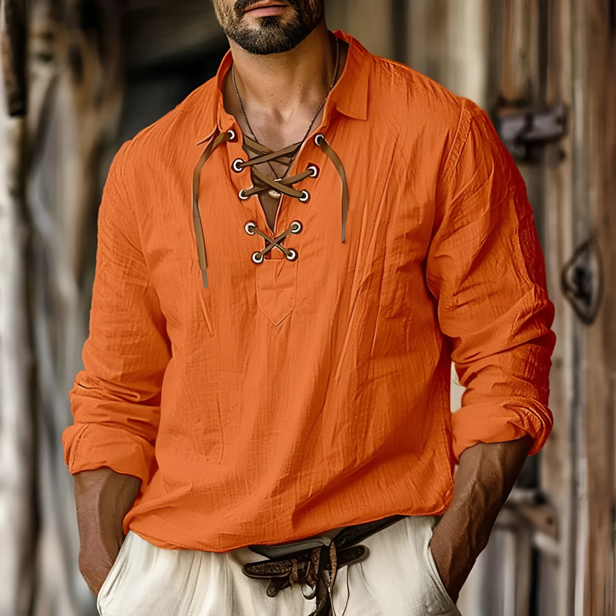Men's loose fit long sleeve linen shirt with decorative lace detailing on the lapels.
