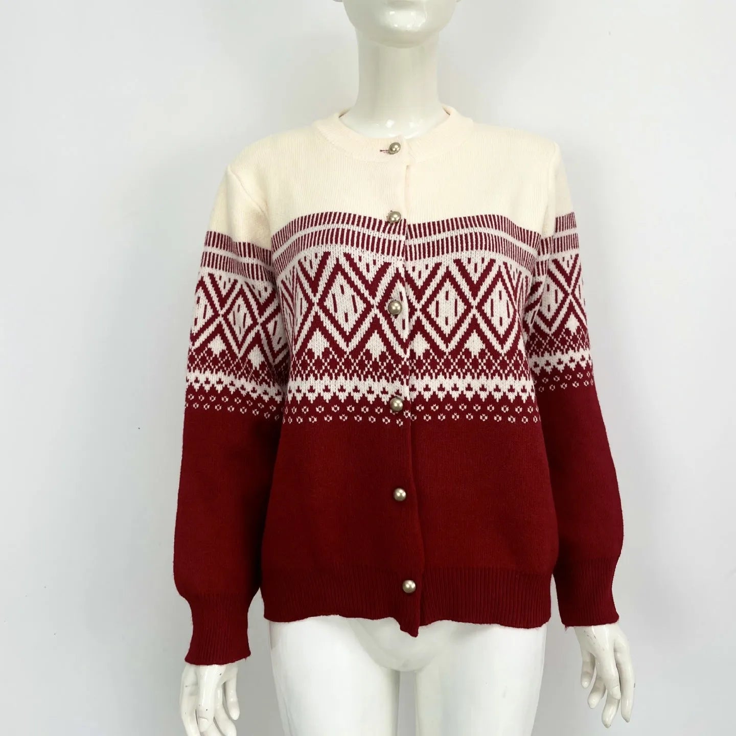 Women's alpaca wool cardigan with contrast colour sleeves and diamond knit pattern