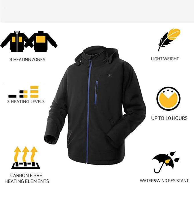 Black USB-powered waterproof winter coat for men with zipper pockets, shown in size L.